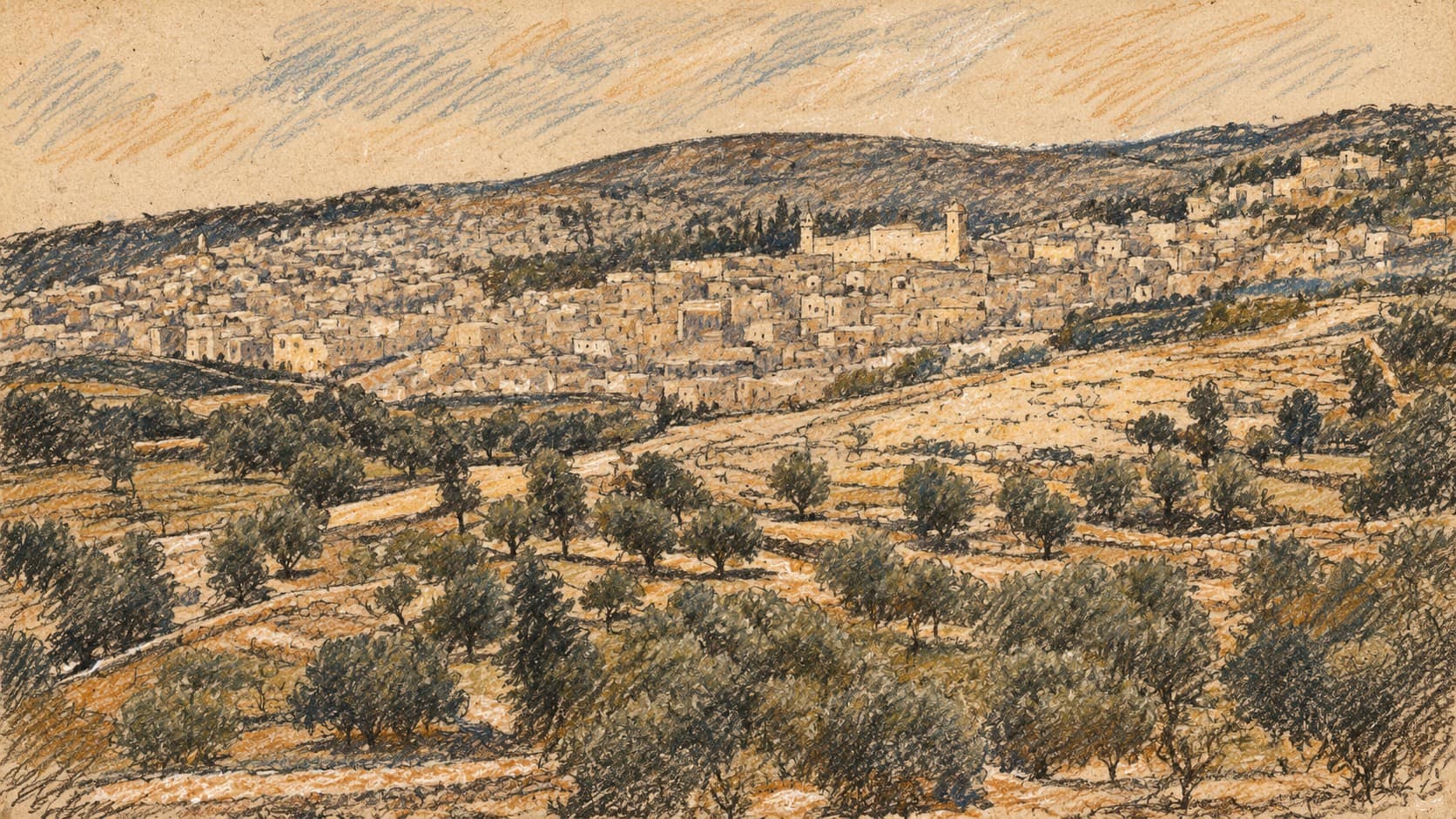 Courtroom-sketch editorial illustration of an archival 1890s Hebron hillside cityscape with terraced orchards; geographic context, not a depiction of the discovered shaft or current IDF operation.