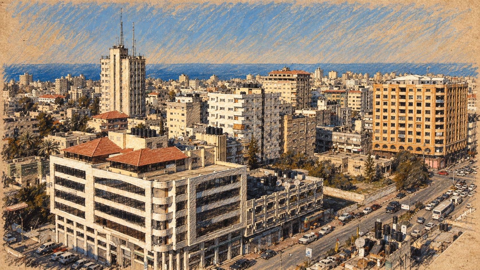 Courtroom-sketch editorial illustration of an archival 2007 panorama of Gaza City buildings and streets, providing geographic context