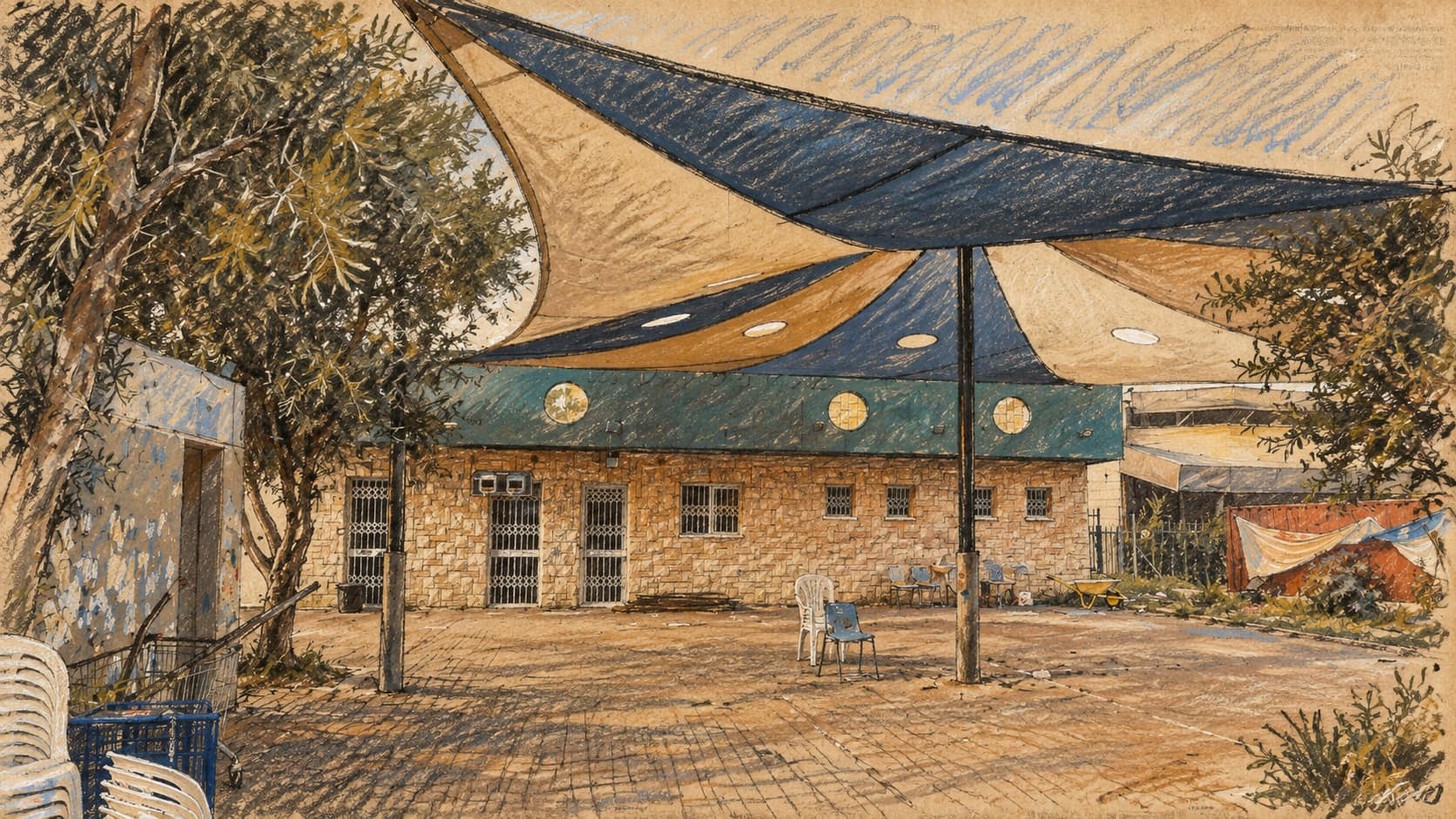 Courtroom-sketch editorial illustration of an archival empty courtyard and community building in Sderot under shade sails, used as context for the Gaza-border warning