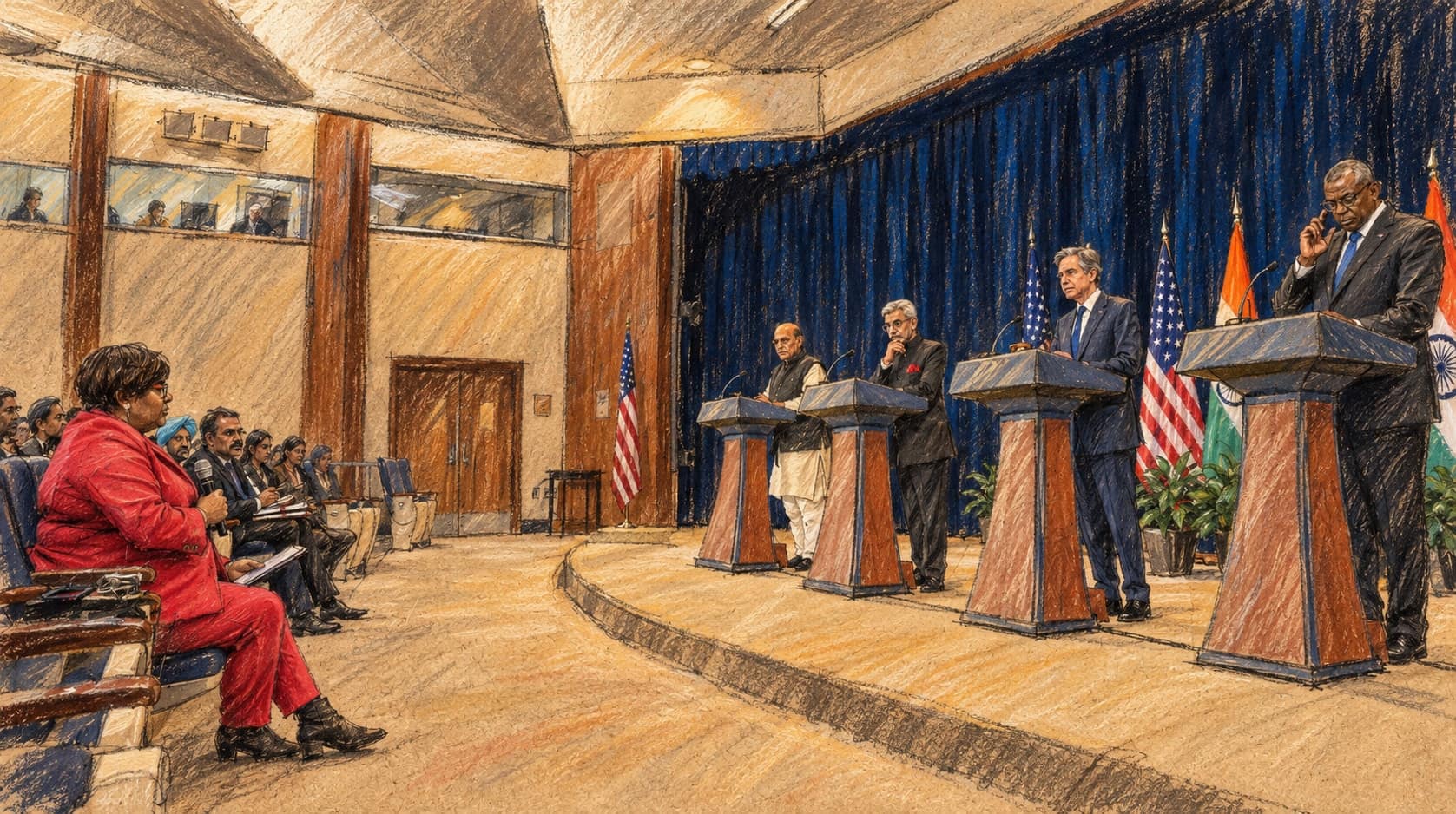 Courtroom-sketch editorial illustration of an archival April 2022 press availability with India's Rajnath Singh and Subrahmanyam Jaishankar alongside U.S. officials Antony Blinken and Lloyd Austin at four podiums facing journalists; contextual imagery, not the October 2026 procurement meeting, rendered in warm ochre and slate-blue pastel strokes.