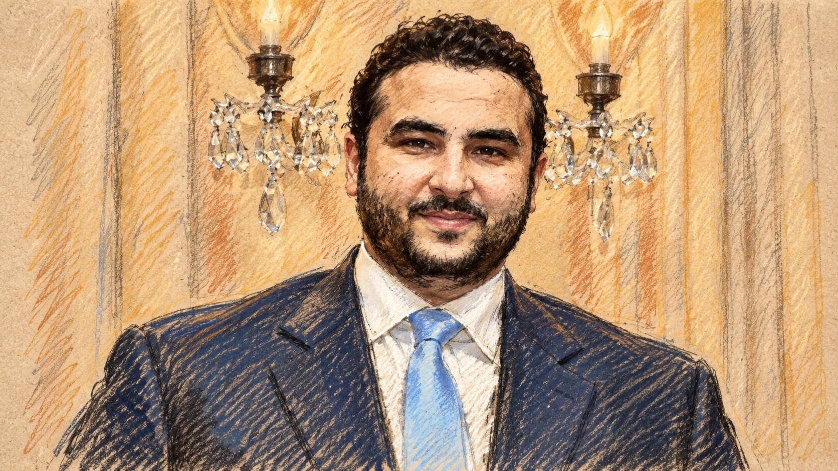 Courtroom-sketch editorial illustration of Saudi Prince Khalid bin Salman, based on an archival 2019 portrait; contextual artwork rather than a depiction of the planned Tehran talks