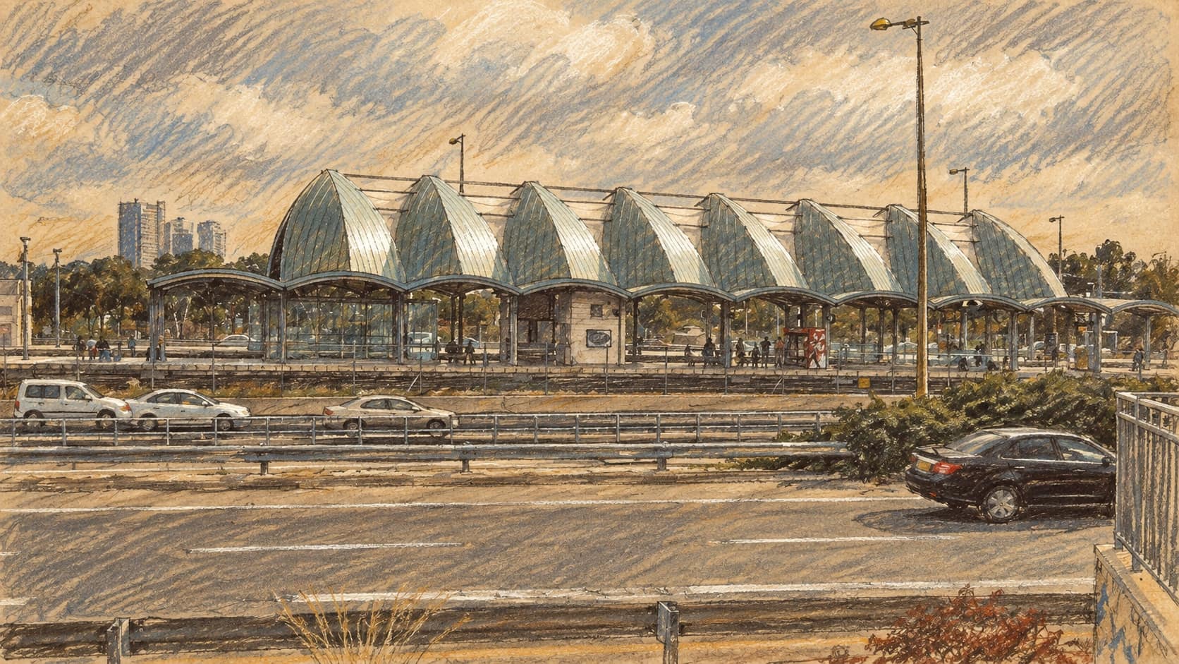 Courtroom-sketch editorial illustration of an archival exterior of Tel Aviv University railway station with curved roof bays and roadway; contextual station view.