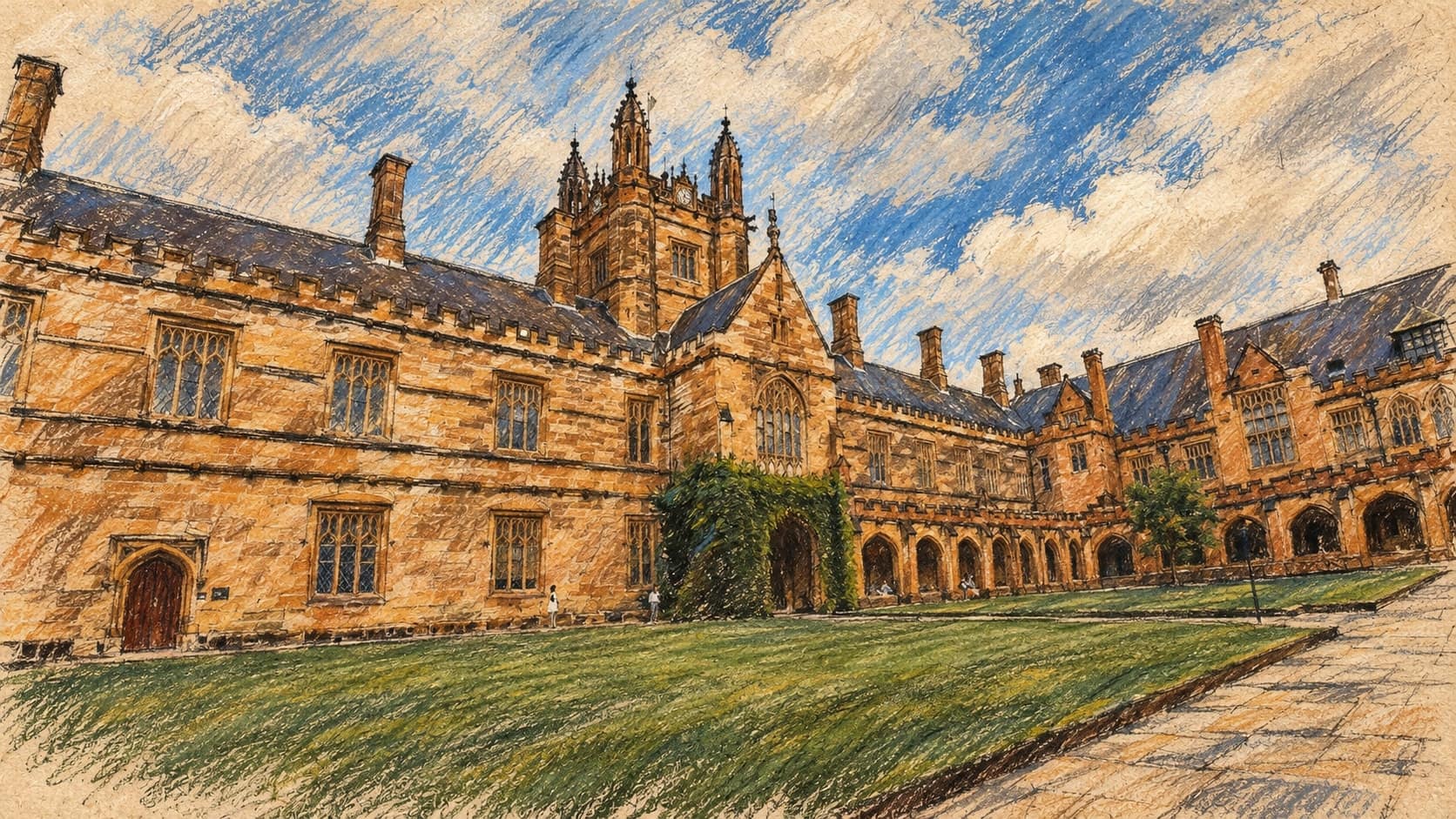 Courtroom-sketch editorial illustration of the University of Sydney sandstone quadrangle and central tower across a lawn, with a stone path beneath a cloudy sky, based on an archival 2021 campus photograph; institutional context, not a depiction of Jacinda Ardern lecturing or mentoring students, rendered in warm ochre and slate-blue pastel strokes.