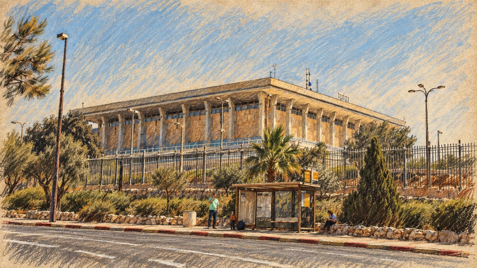 Courtroom-sketch editorial illustration of the Knesset building in Jerusalem behind its perimeter fence and bus shelter, based on an archival 2018 photograph used as context for post-election coalition formation.
