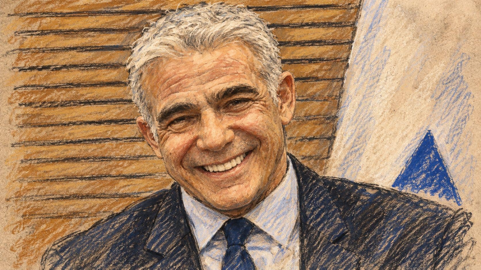 Courtroom-sketch editorial illustration of an archival February 2022 portrait of Yair Lapid smiling in a dark suit and tie before wooden wall slats and an Israeli flag; contextual portrait, not the October 26 statement