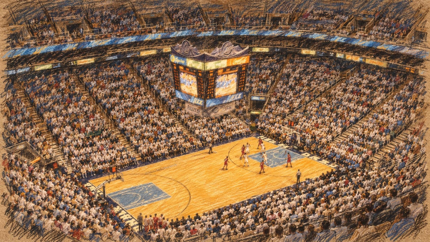 Courtroom-sketch editorial illustration of an archival 2008 basketball game inside the Salt Lake City arena now called Delta Center, viewed from elevated seating, rendered in warm ochre and slate-blue pastel strokes.