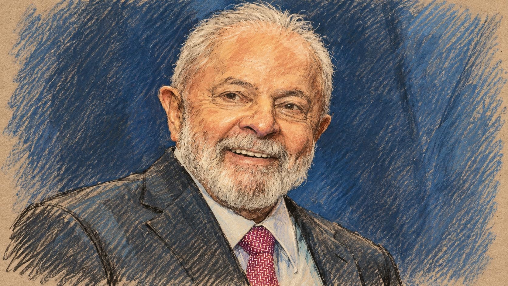 Courtroom-sketch editorial illustration of an archival portrait of Brazilian President Luiz Inácio Lula da Silva, based on a September 2023 photograph