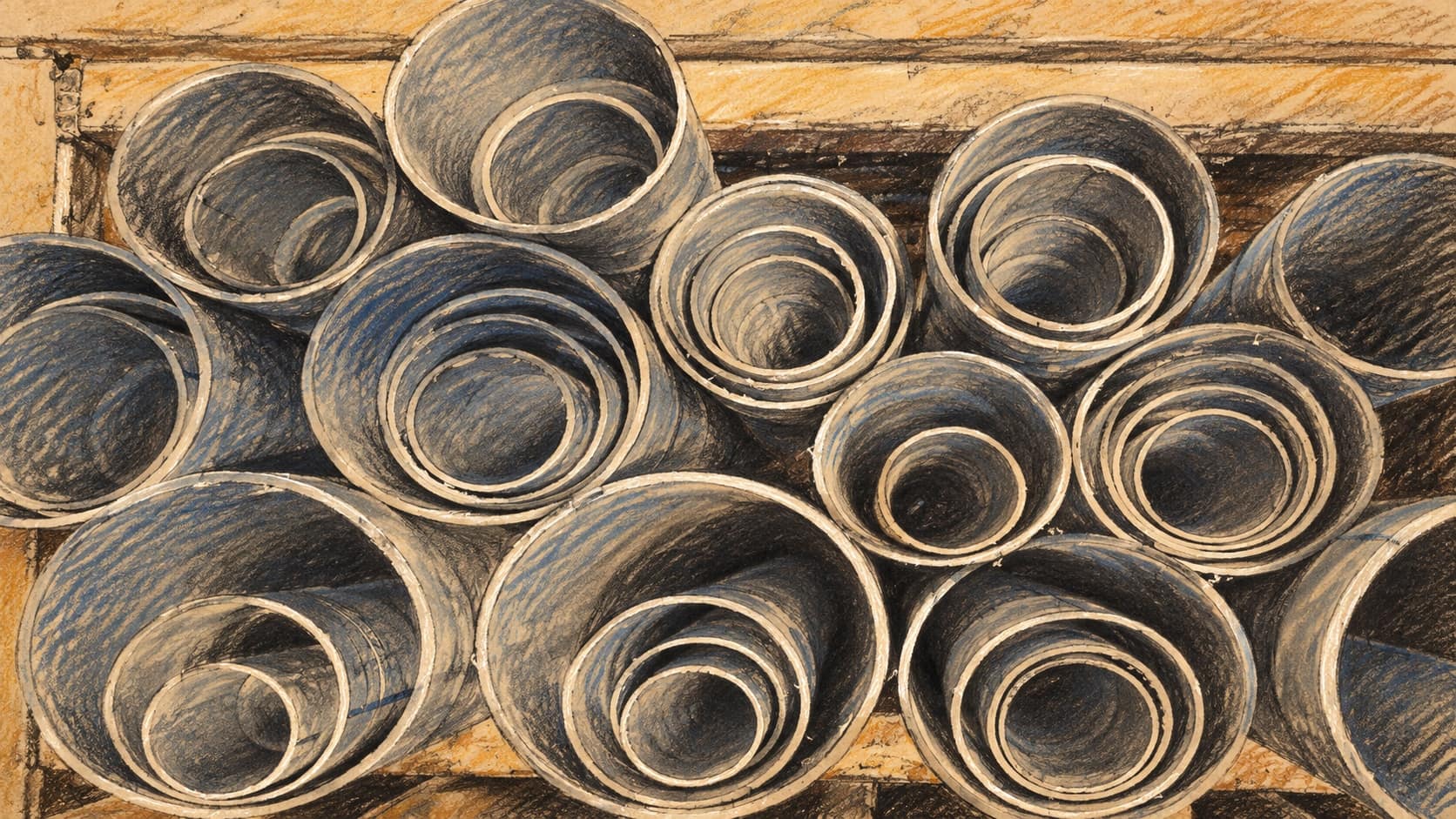 Courtroom-sketch editorial illustration of nested PVC pipe sections on shelves, based on an archival hardware-shop photograph in India and used as pipe-industry context.