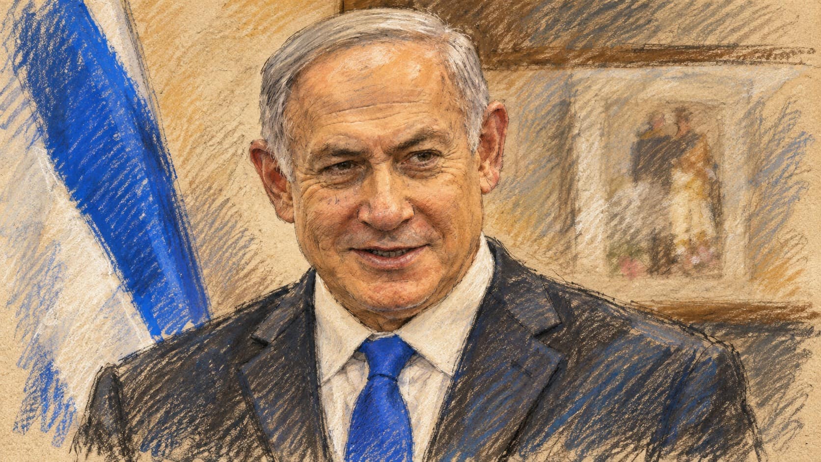 Courtroom-sketch editorial illustration of Benjamin Netanyahu in an archival portrait with an Israeli flag