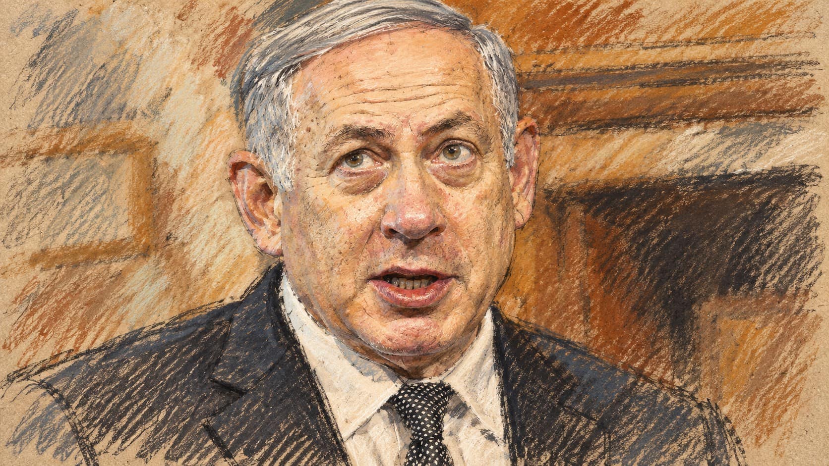 Courtroom-sketch editorial illustration of Benjamin Netanyahu speaking, based on an archival June 2016 portrait; contextual image for his condolence statement.