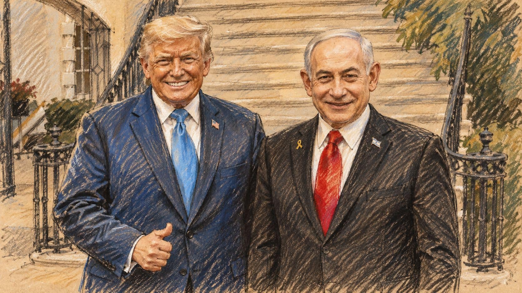 Courtroom-sketch editorial illustration of Benjamin Netanyahu and Donald Trump in an archival July 2025 White House portrait, used as context for Netanyahu