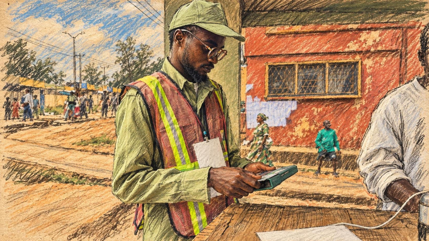 Courtroom-sketch editorial illustration of an INEC assistant presiding officer holding an electronic device beside a wooden table at the August 2025 Ibadan North by-election, rendered in warm ochre and slate-blue pastel strokes; archival election context rather than the current online register announcement.