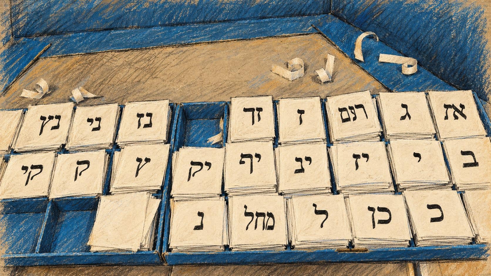 Courtroom-sketch editorial illustration of voting slips in a blue polling-booth tray, based on an archival March 2020 photograph from Ramat Gan; contextual voting scene, not Rabbi Landau or his statement.