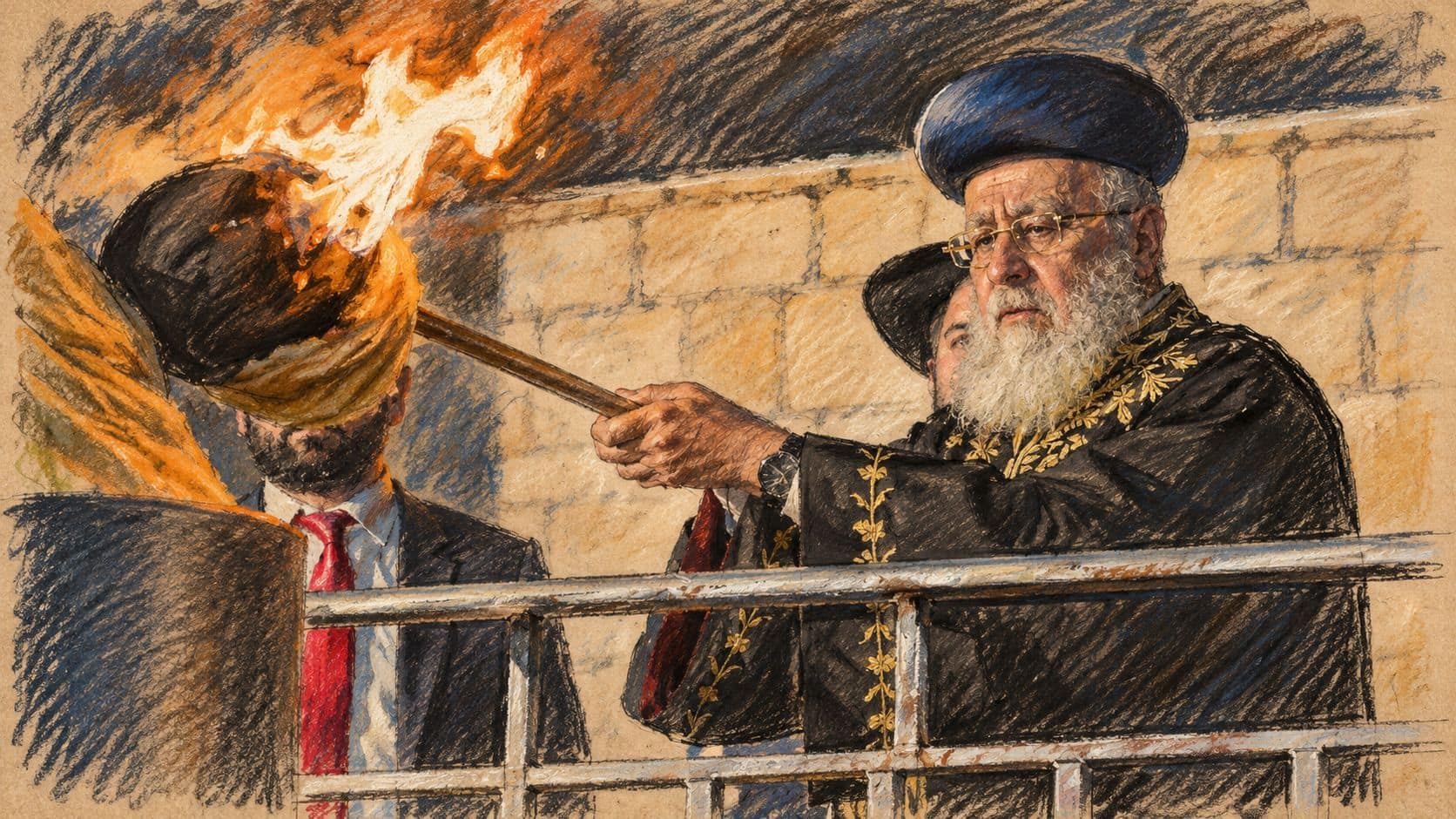 Courtroom-sketch editorial illustration of Rabbi Yitzhak Yosef in an archival 2024 Lag BaOmer scene, holding a lighting pole behind metal rails.