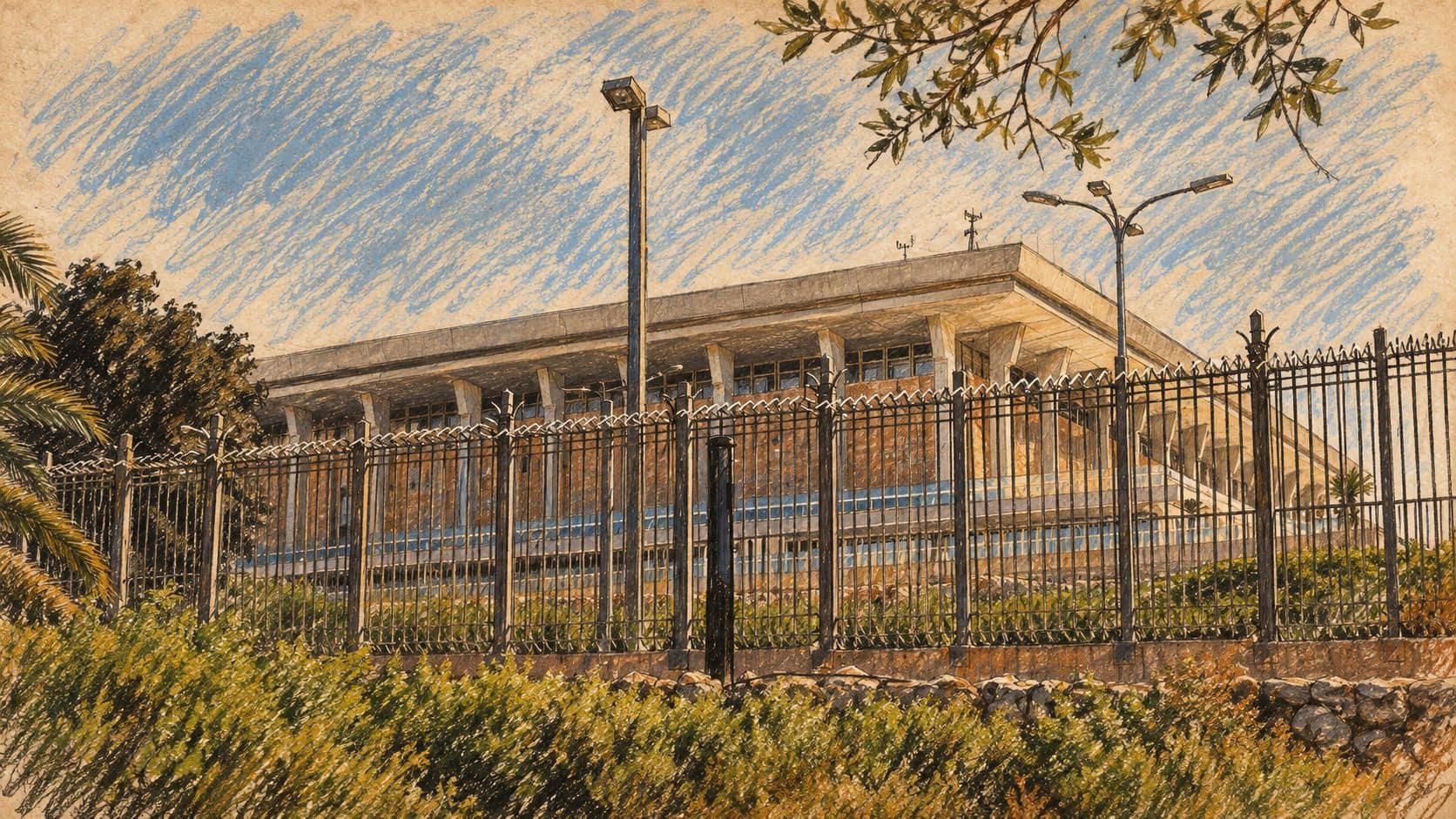 Courtroom-sketch editorial illustration of the Knesset building behind its perimeter fence, based on an archival 2018 exterior photograph used as parliamentary context; not a depiction of the recording or its participants.
