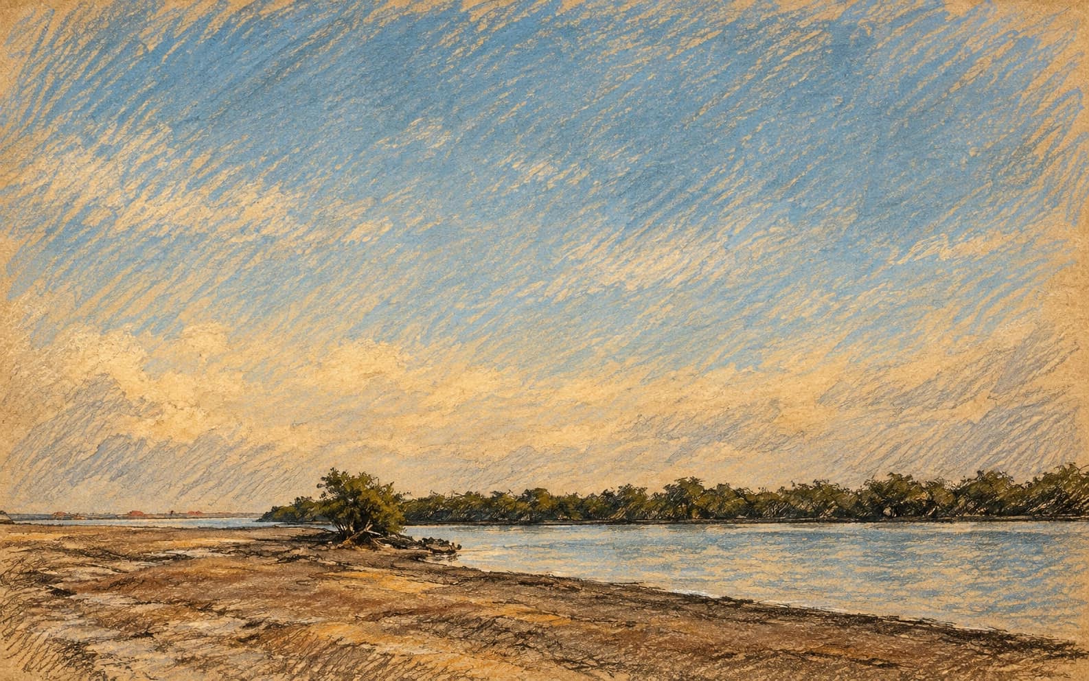 Courtroom-sketch editorial illustration of an archival September 2009 Kalba shoreline, with exposed tidal ground, calm water and mangroves below a broad sky; geographic context for Kalba, not a depiction of the waterfront construction or completed project, rendered in warm ochre and slate-blue pastel strokes.