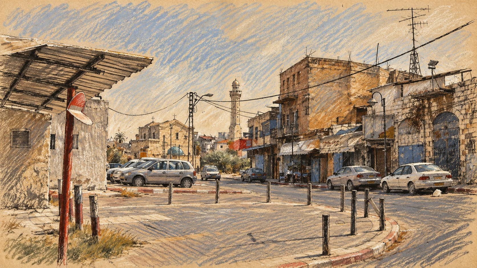 Courtroom-sketch editorial illustration of an archival 2005 street corner in Lod, with low stone buildings and parked cars; contextual city view for Smotrich's election appeal.