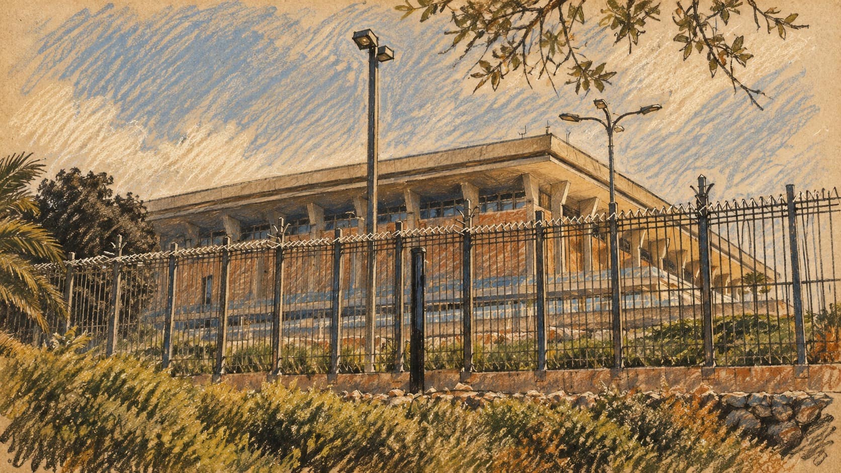 Courtroom-sketch editorial illustration of the Knesset building behind its fence, based on an archival 2018 exterior photograph used as electoral context; not the endorsement video.