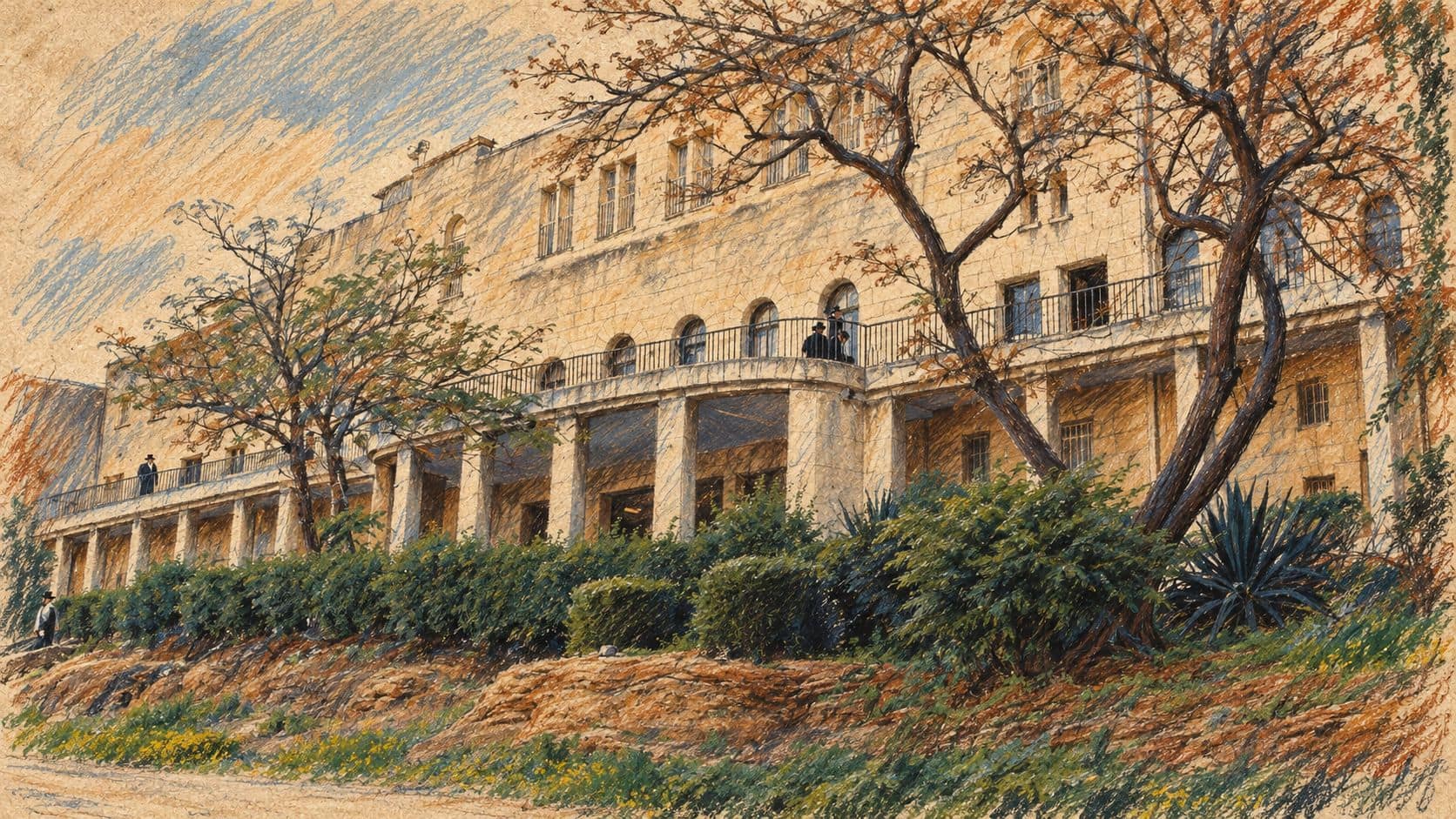 Courtroom-sketch editorial illustration of the Ponevezh Yeshiva building, trees and planted slope in an archival exterior view; contextual campus scene, not the Supreme Court hearing.