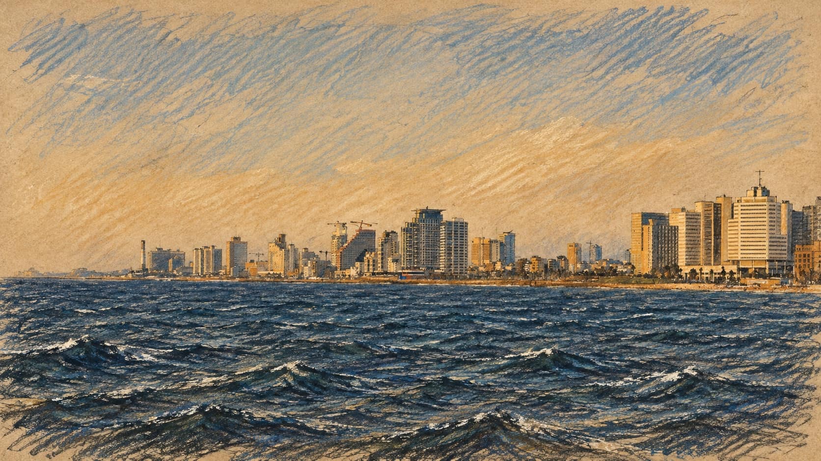 Courtroom-sketch editorial illustration of Tel Aviv's coastal skyline viewed across the Mediterranean, based on an archival 2015 photograph as city context