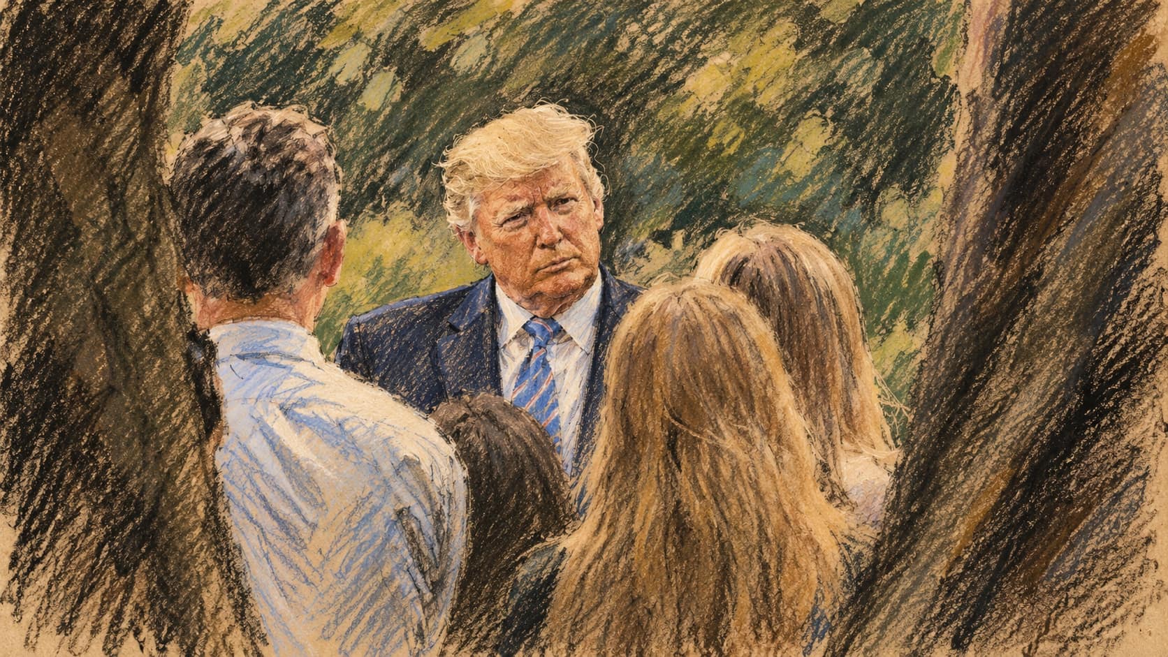 Courtroom-sketch editorial illustration of Donald Trump speaking to reporters on the White House South Lawn, based on an archival August 2019 photograph