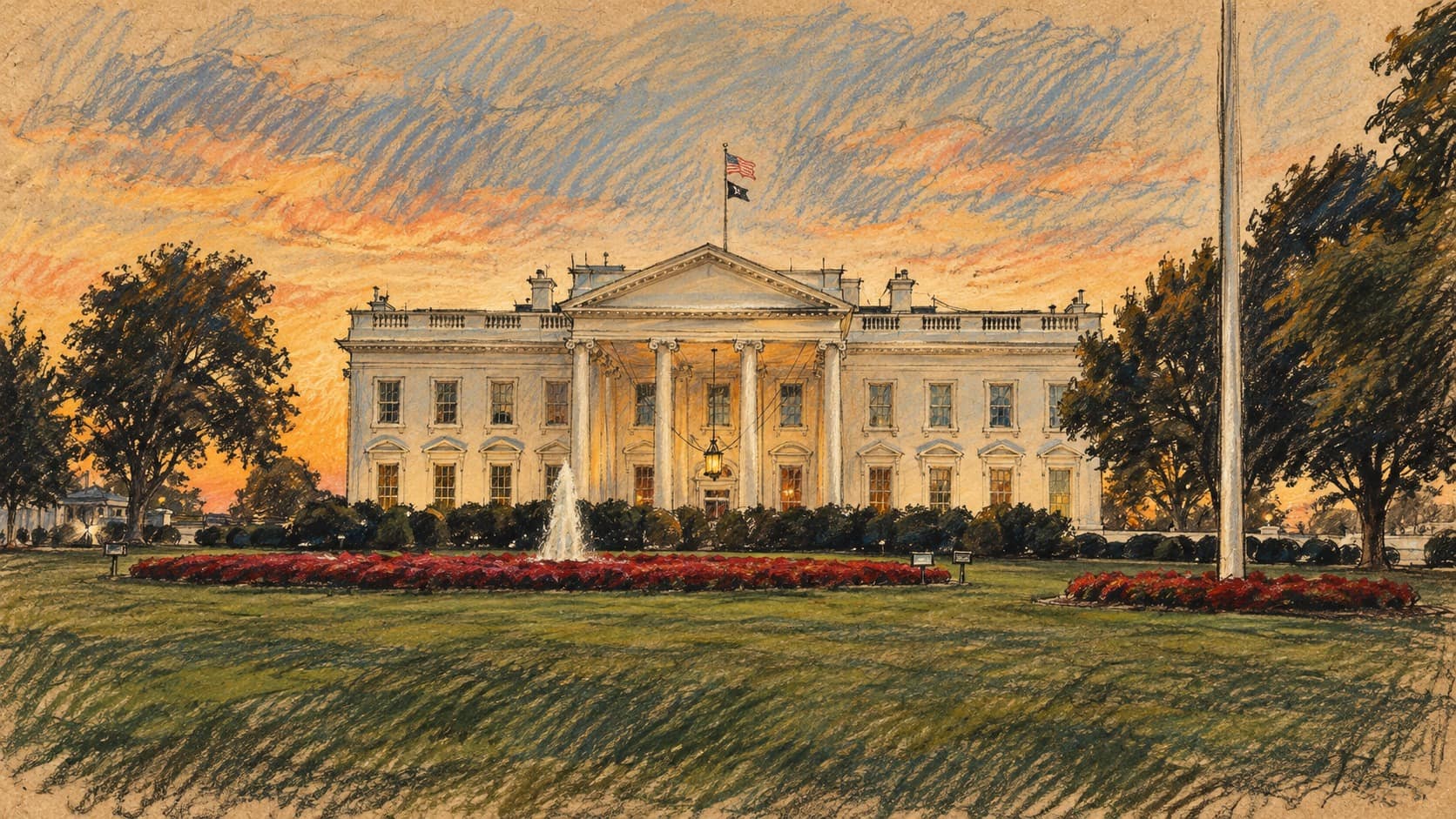 Courtroom-sketch editorial illustration of the White House facade, lawn, fountain and trees in an archival October 2025 view; institutional context, not the October 2026 interview or an attack