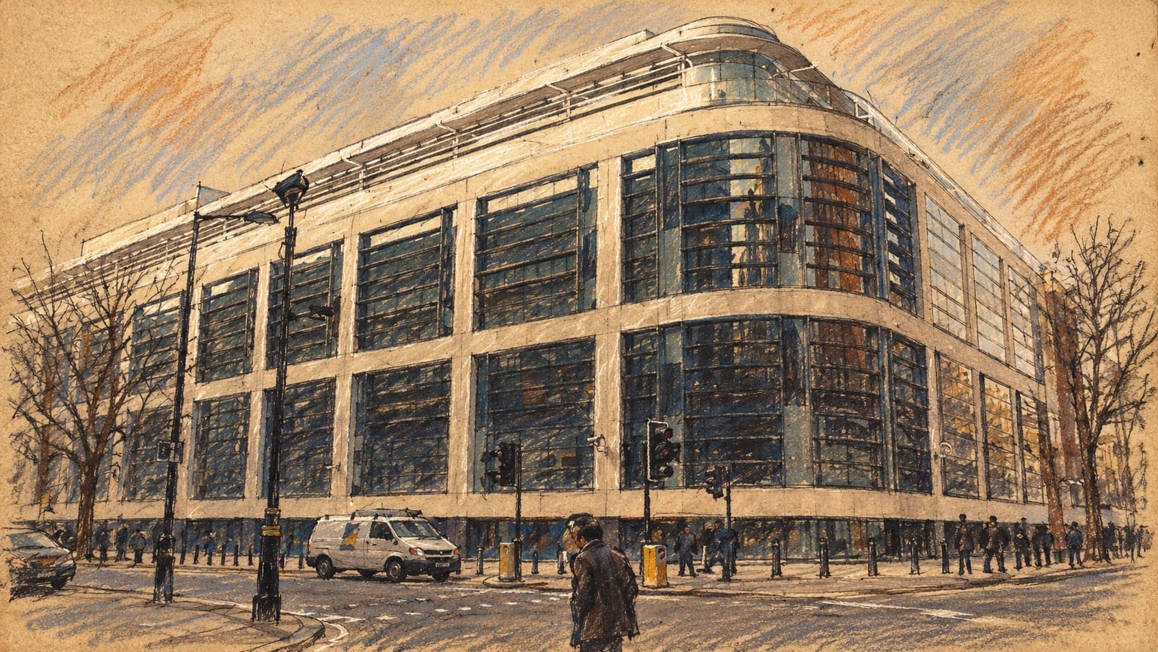Courtroom-sketch editorial illustration of the Home Office headquarters at 2 Marsham Street in London above a street junction with pedestrians and a small van, based on an archival 2006 photograph; institutional context for the announced review, rendered in warm ochre and slate-blue pastel strokes.