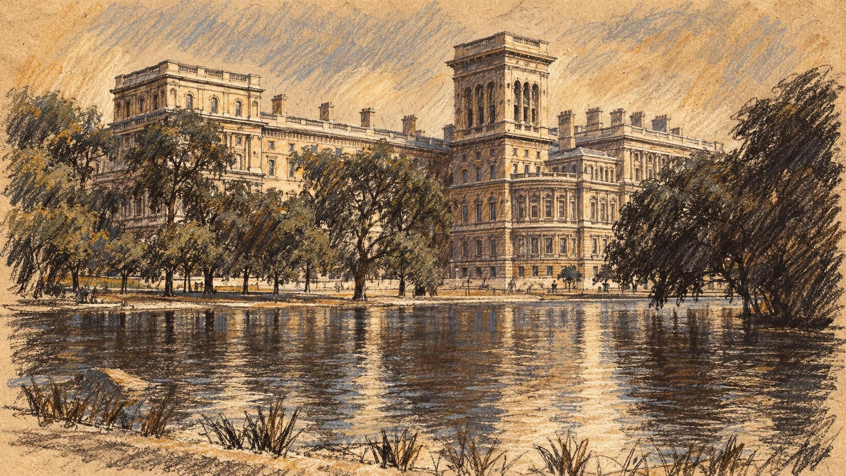 Courtroom-sketch editorial illustration of an archival view of the Foreign Office building in London across the lake in St James’s Park, with trees and reflections; institutional context for the UK announcement, not a depiction of Sudan, the atrocities or the sanctions event, rendered in warm ochre and slate-blue pastel strokes.