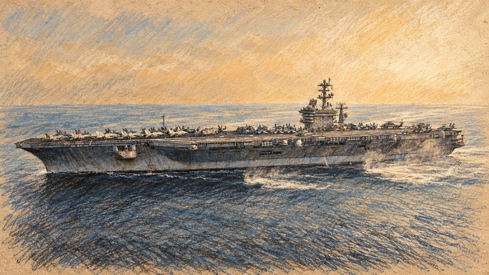 Courtroom-sketch editorial illustration of an archival broadside view of USS Nimitz sailing in the Persian Gulf in August 2013, with aircraft on its flight deck
