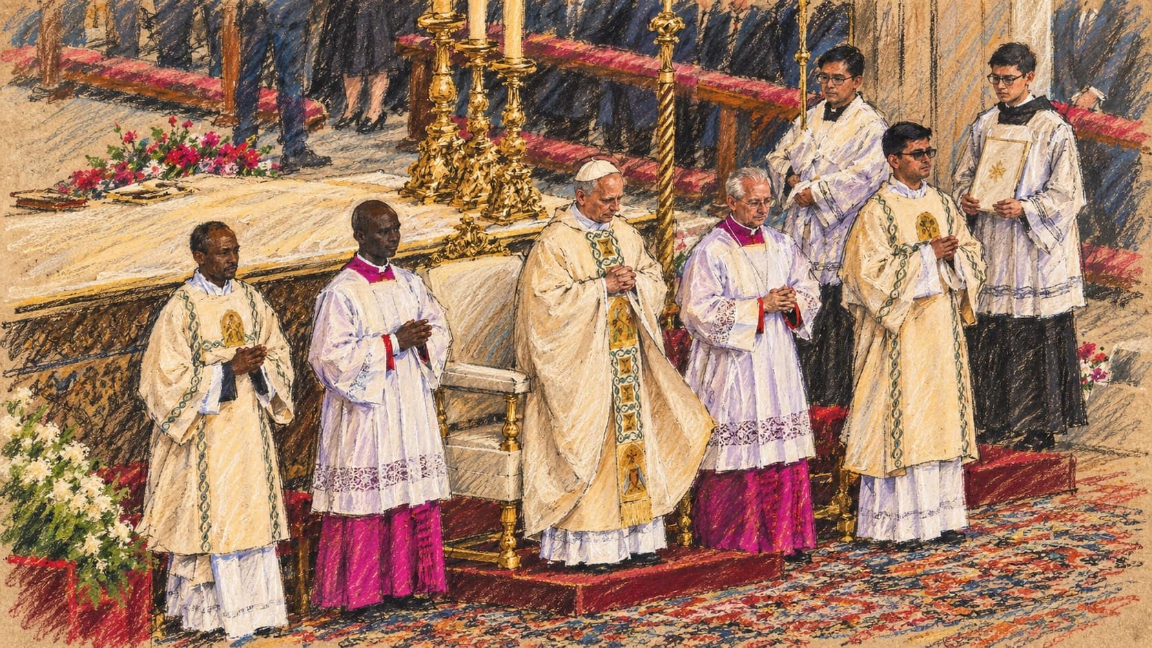 Courtroom-sketch editorial illustration of Pope Leo XIV standing among clergy at the altar during his May 2025 inauguration, an archival contextual scene rather than the announced November Latin America trip, rendered in warm ochre and slate-blue pastel strokes.