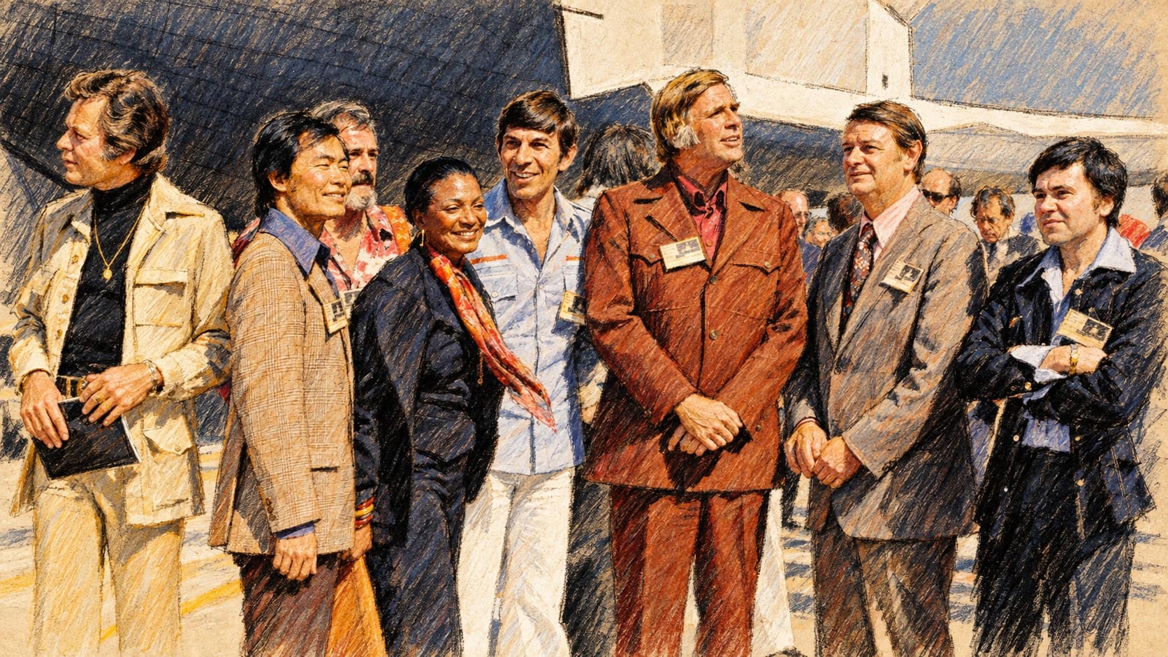 Courtroom-sketch editorial illustration of Walter Koenig at far right with George Takei and fellow Star Trek cast members at the 1976 Space Shuttle Enterprise rollout, an archival scene rendered in warm ochre and slate-blue pastel strokes.