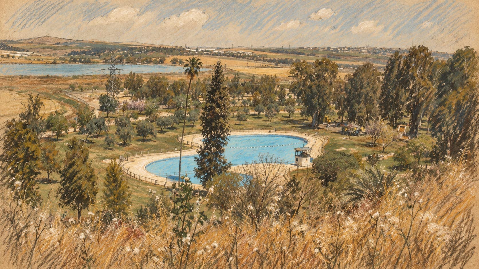 Courtroom-sketch editorial illustration of an archival view of Maayan Harod National Park in the Harod Valley near Ein Harod; geographic context, not Zimmerman's funeral