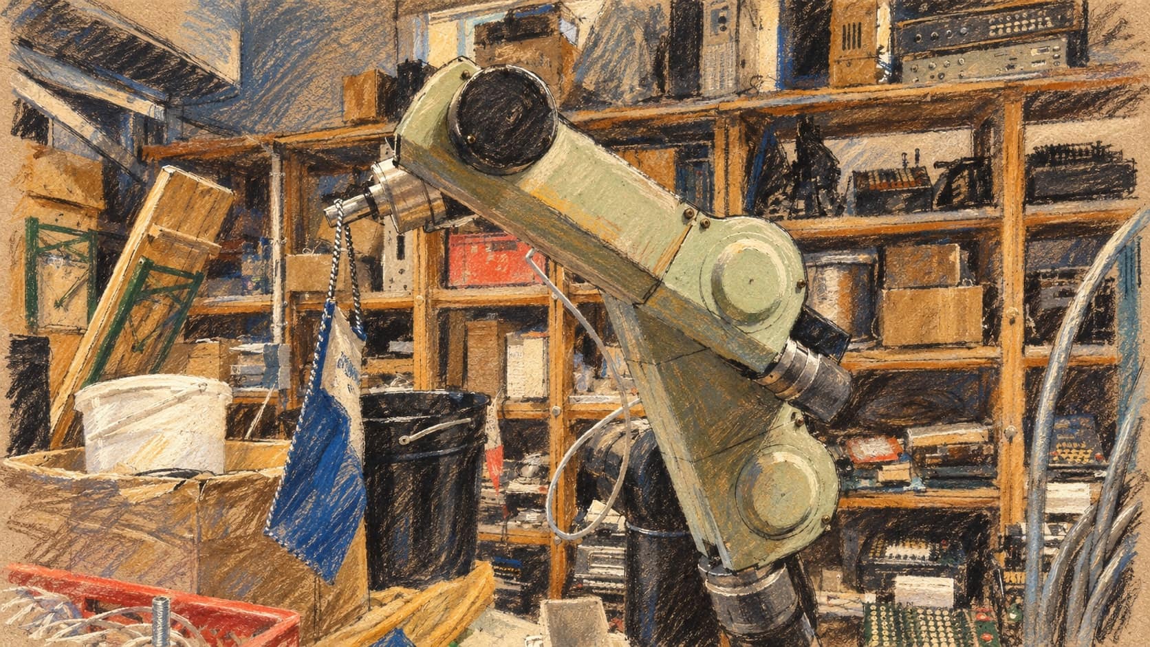 Courtroom-sketch editorial illustration of an archival industrial robot arm surrounded by electronic equipment in a technology museum; contextual automation equipment, not CoreTigo hardware or the sale event.