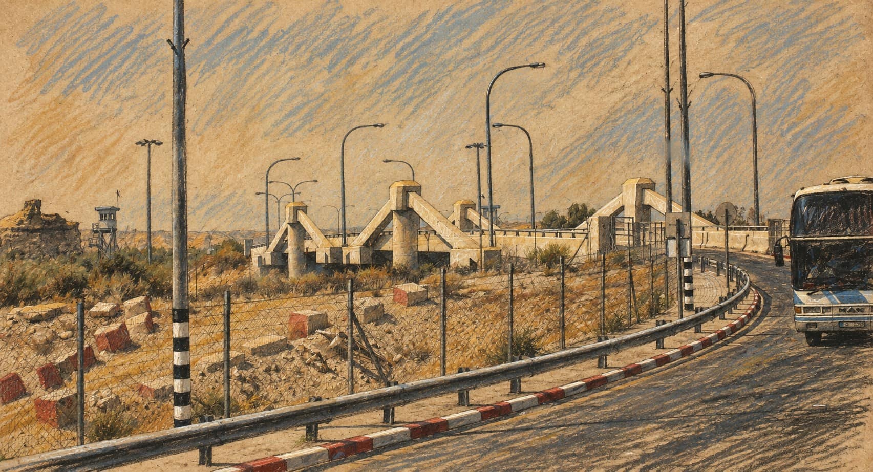 Courtroom-sketch editorial illustration of an archival contextual view of Allenby Bridge and its approach road; not the reported delegation entry refusal.
