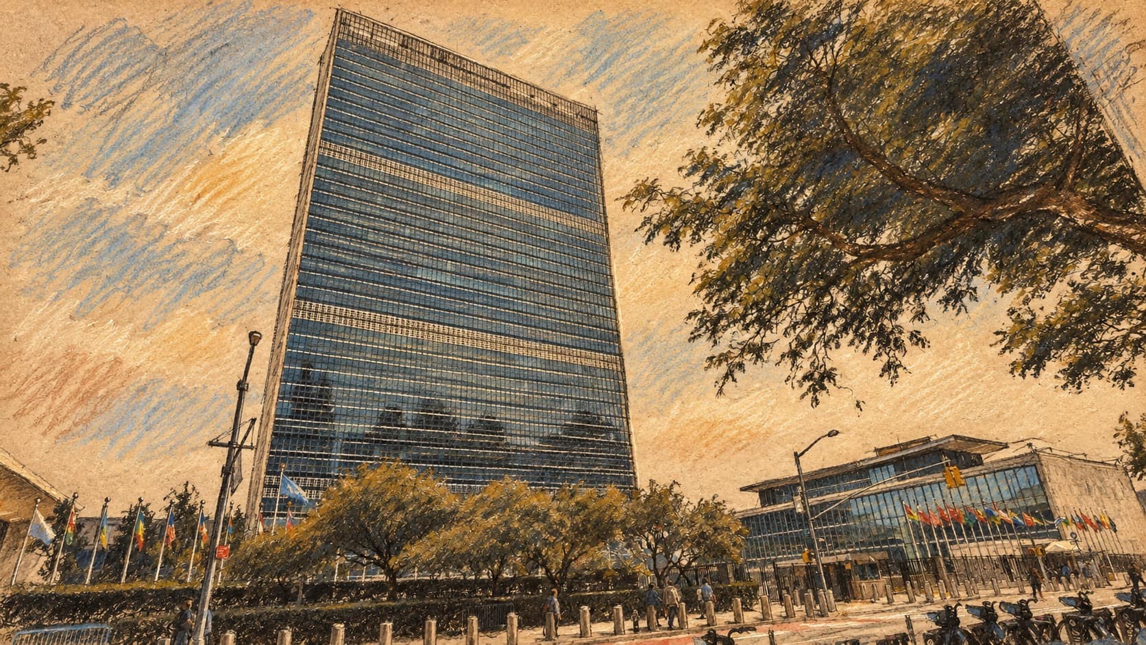 Courtroom-sketch editorial illustration of the United Nations headquarters exterior in New York, an archival contextual view
