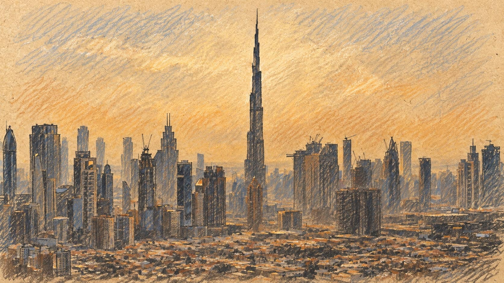 Courtroom-sketch editorial illustration of an archival aerial view of Dubai's skyline, with the Burj Khalifa above surrounding high-rise buildings; city context rather than a depiction of DIP Holding's IPO opening or premises, rendered in warm ochre and slate-blue pastel strokes.