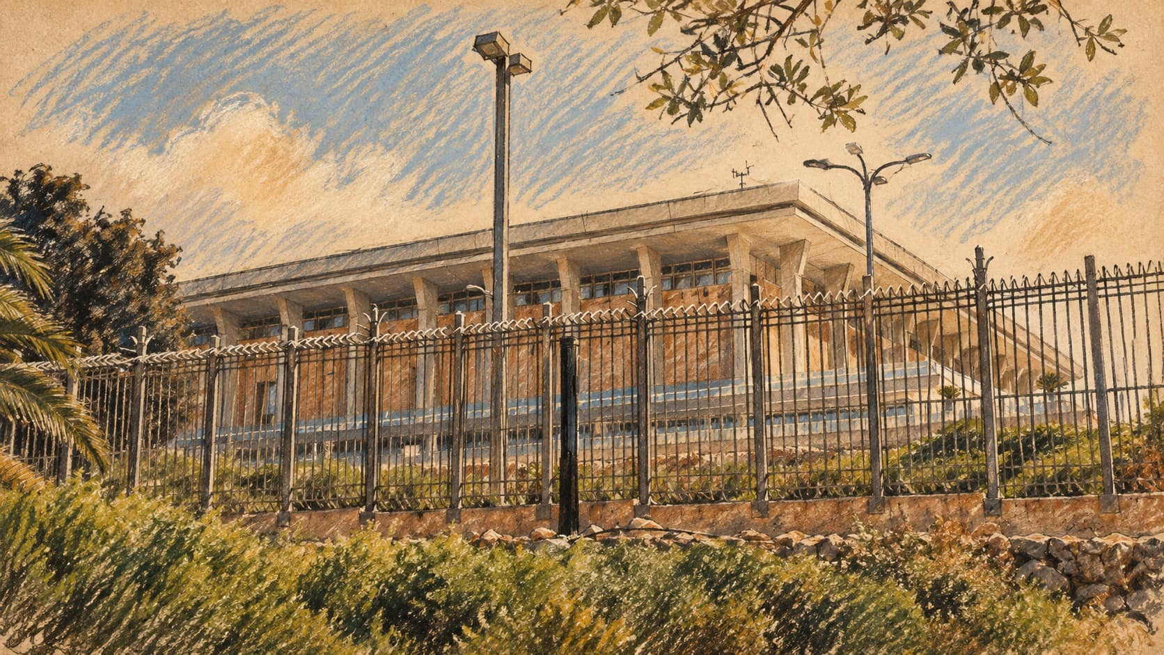 Courtroom-sketch editorial illustration of an archival exterior view of the Knesset building in Jerusalem behind its iron fence and shrubs, used as institutional context for government fiscal planning.