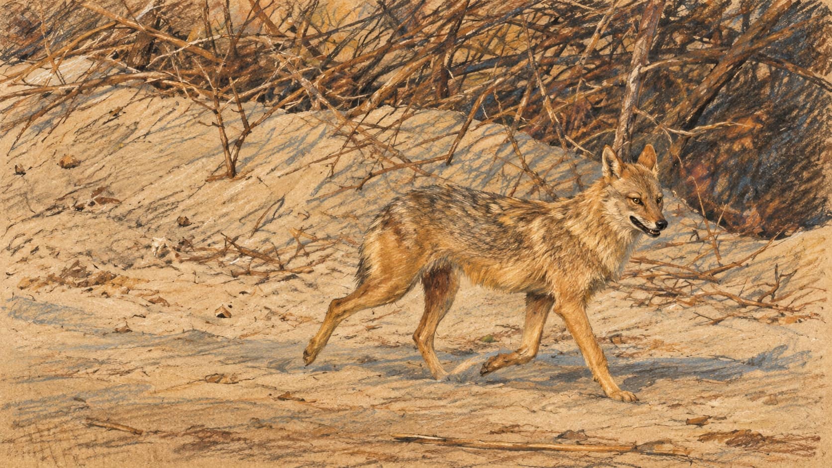 Courtroom-sketch editorial illustration of a golden jackal walking across sandy ground, based on an archival photograph from India; contextual wildlife scene, not the Kfar Blum animal