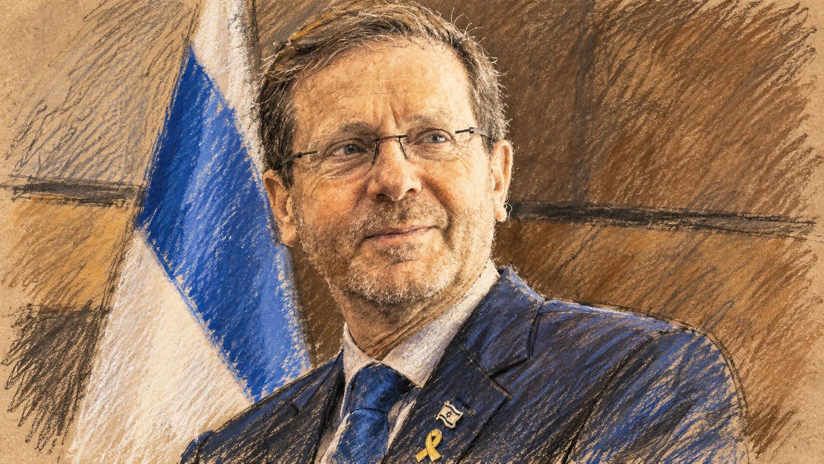 Courtroom-sketch editorial illustration of Isaac Herzog in an archival portrait with an Israeli flag; contextual image, not his October 27, 2026 vote.