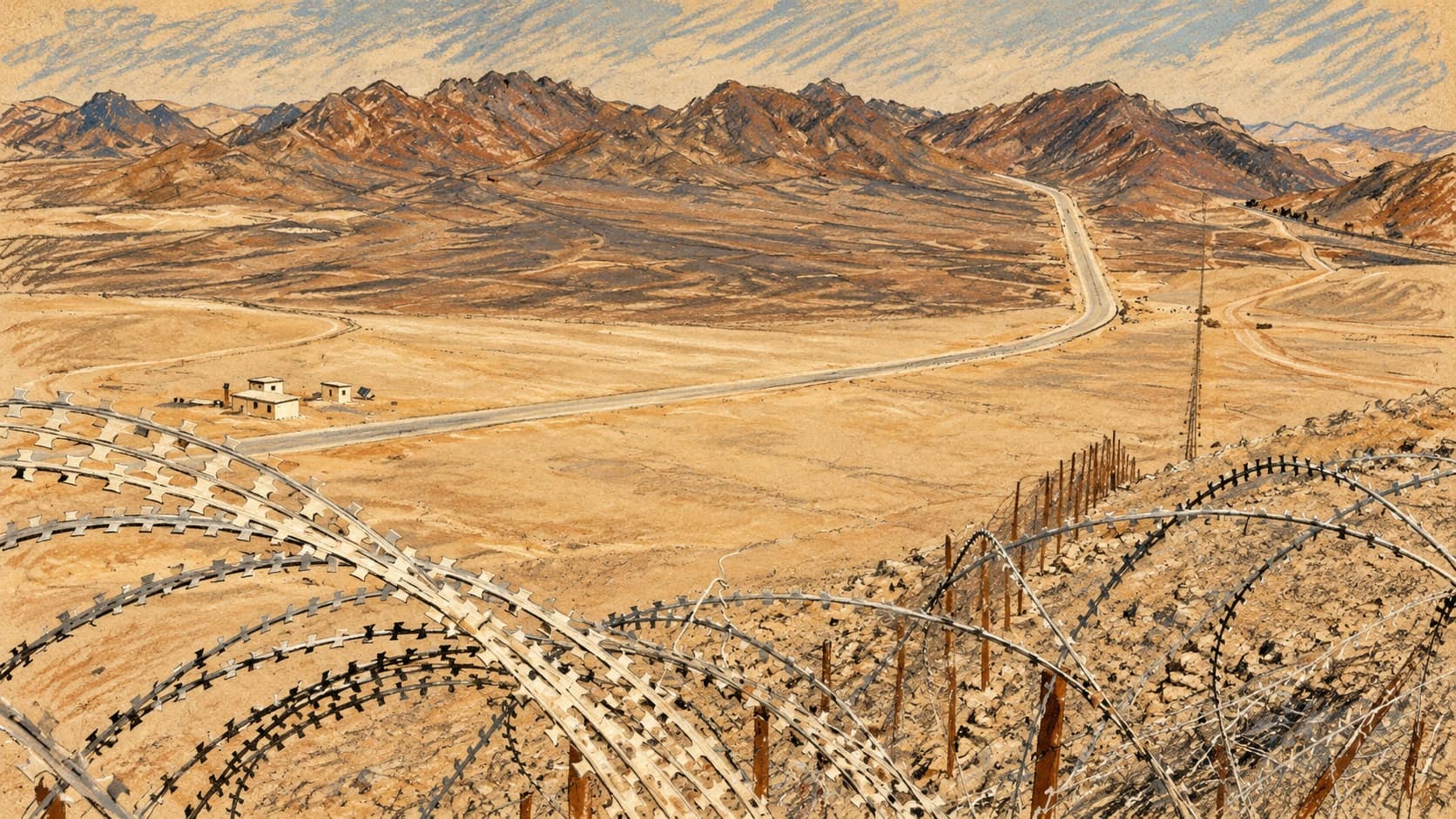 Courtroom-sketch editorial illustration of an archival Egypt-Israel border landscape north of Eilat, with razor wire in the foreground and a desert road leading toward mountains.