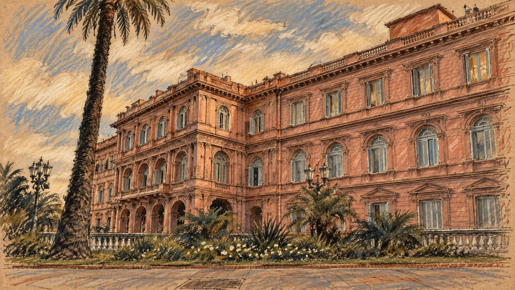 Courtroom-sketch editorial illustration of an archival October 2023 exterior of Casa Rosada in Buenos Aires, with its pink rear facade, a tall palm tree and garden, rendered in warm ochre and slate-blue pastel strokes; government context, not a depiction of the October 2026 IMF staff agreement.
