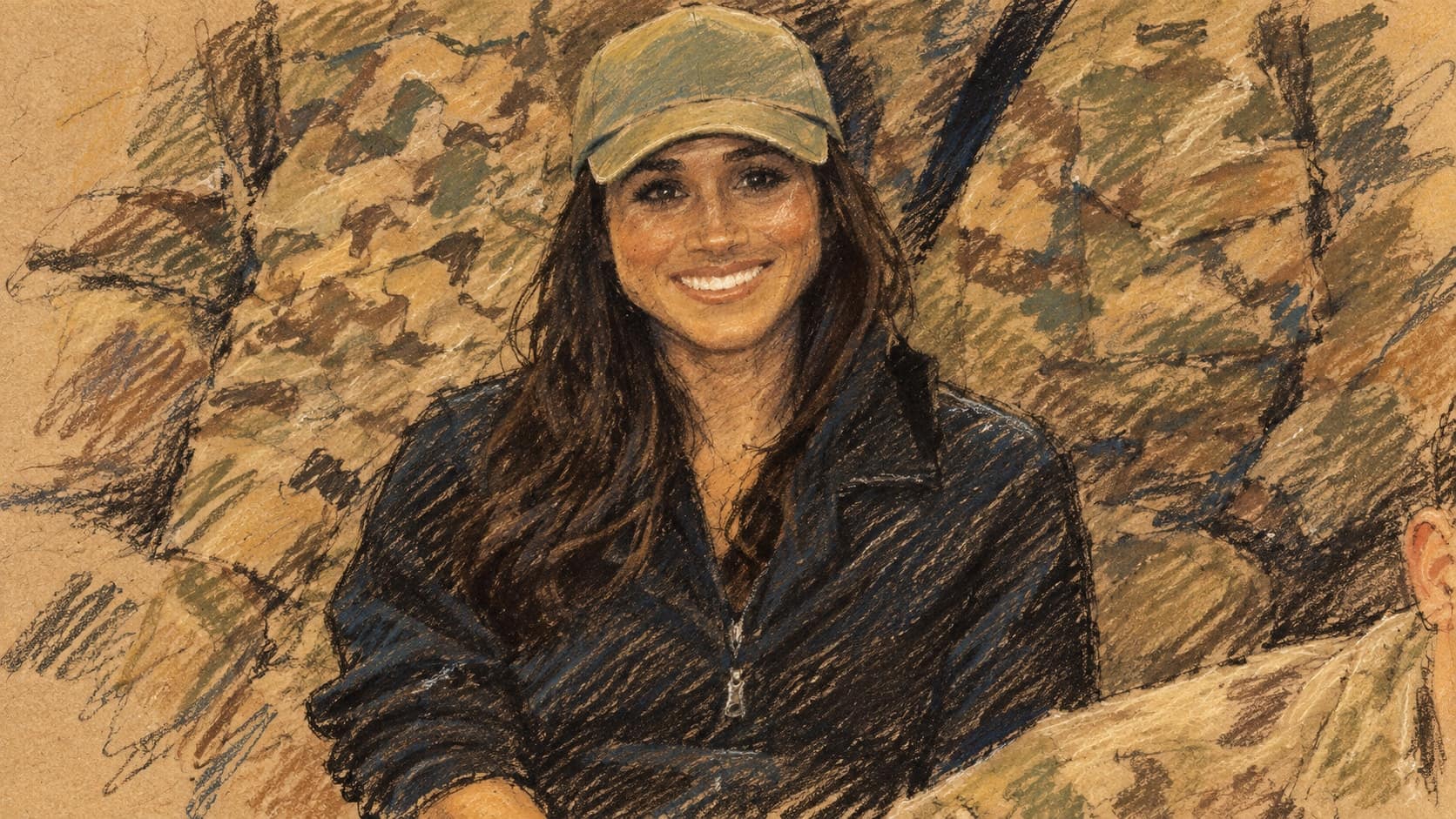 Courtroom-sketch editorial illustration of Meghan Markle smiling in a green cap and dark jacket against camouflage uniforms during an archival December 2014 USO visit to Bagram Airfield, rendered in warm ochre and slate-blue pastel strokes; actor context rather than the announced Junior MasterChef season.
