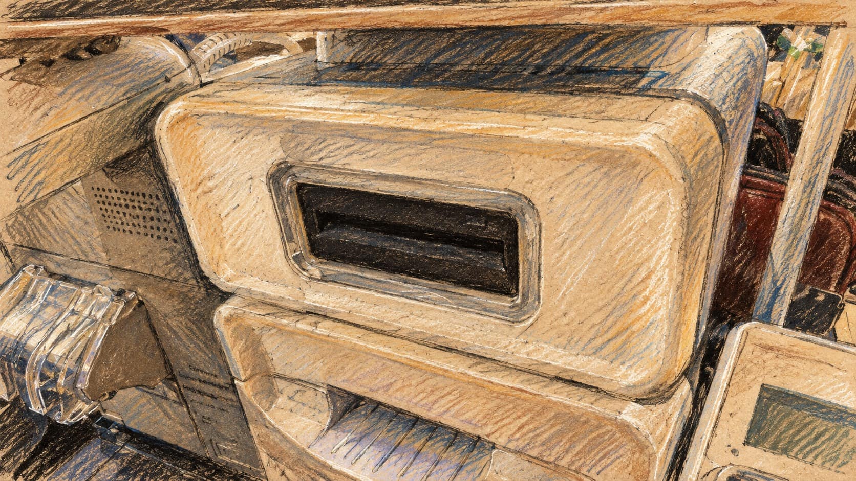 Courtroom-sketch editorial illustration of an archival supermarket card reader with a black card slot, receipt outlet and an adjacent payment terminal; contextual payment equipment from a January 2024 Tokyo photograph.