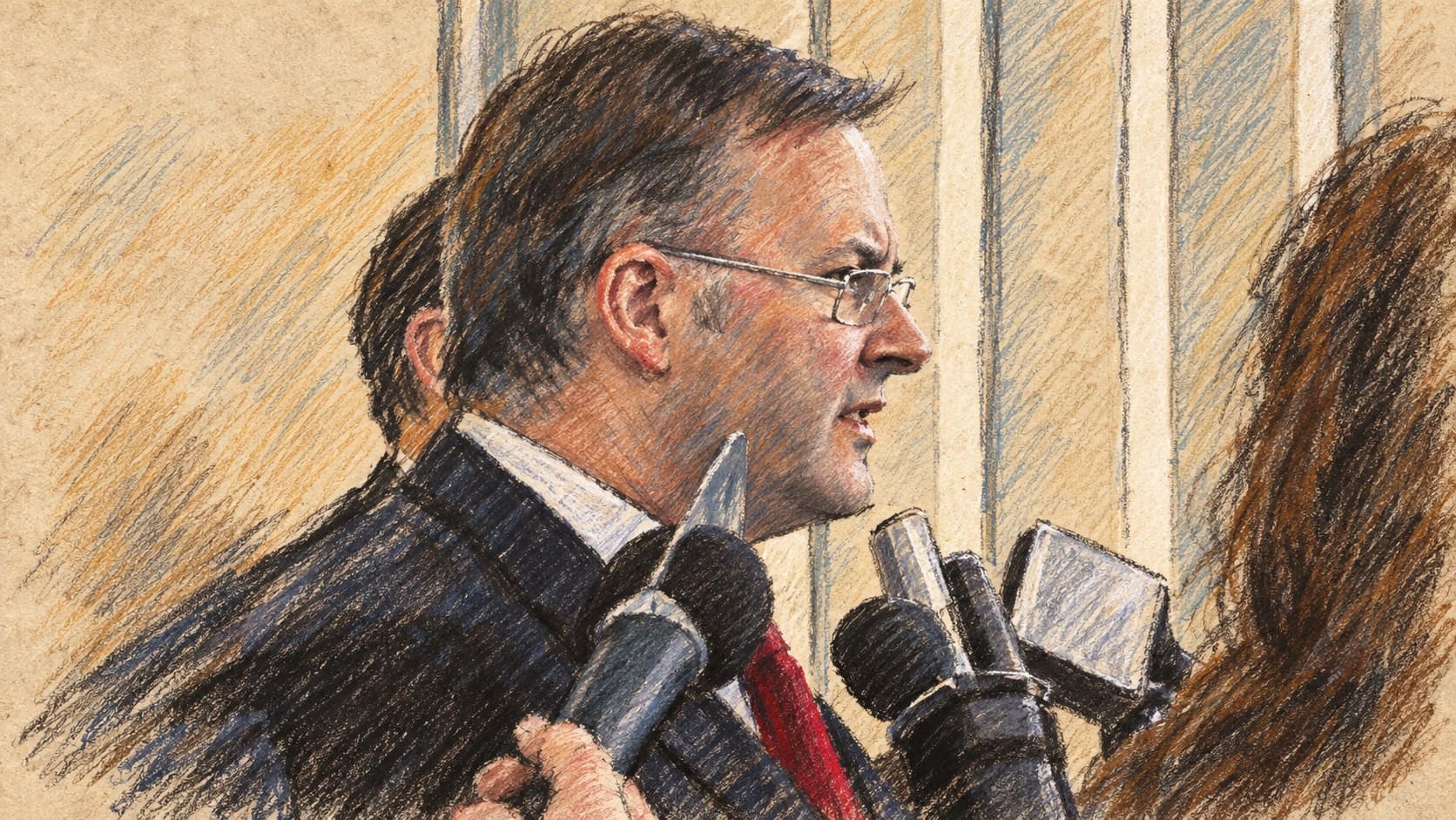 Courtroom-sketch editorial illustration of an archival 2005 side-profile portrait of Anthony Albanese wearing glasses and a suit, with press microphones below and pale wall panels behind; contextual portrait rather than the current poll release, voting or an election result, rendered in warm ochre and slate-blue pastel strokes.