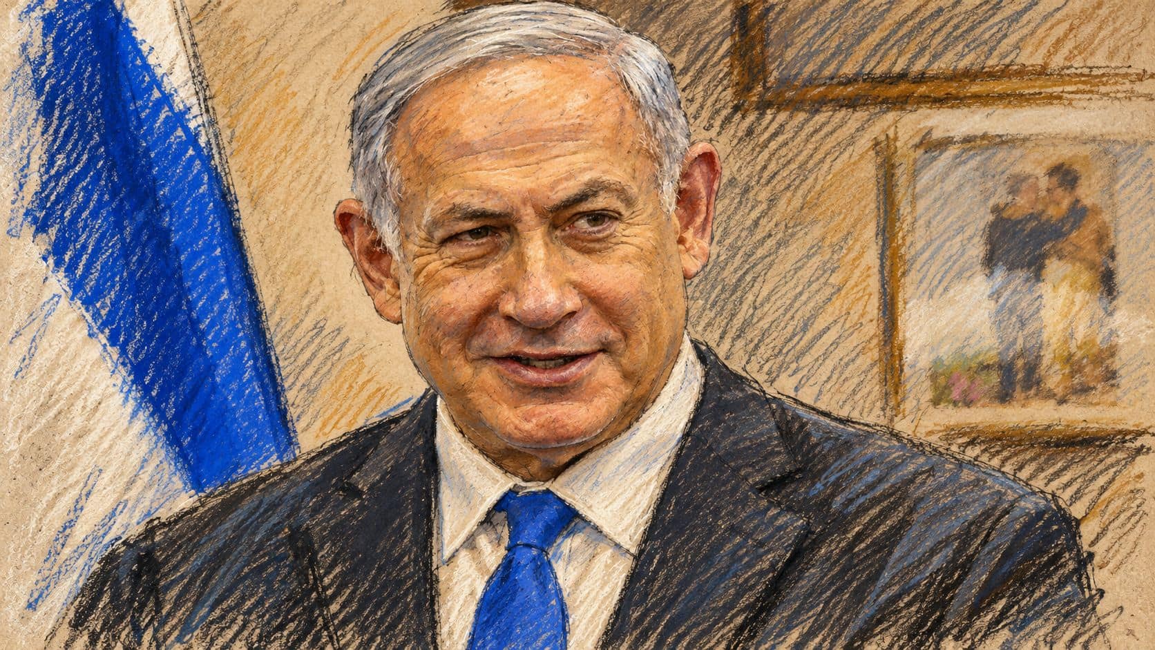 Courtroom-sketch editorial illustration of an archival portrait of Benjamin Netanyahu in a dark suit and blue tie beside an Israeli flag, used as context for the shared interview clip.
