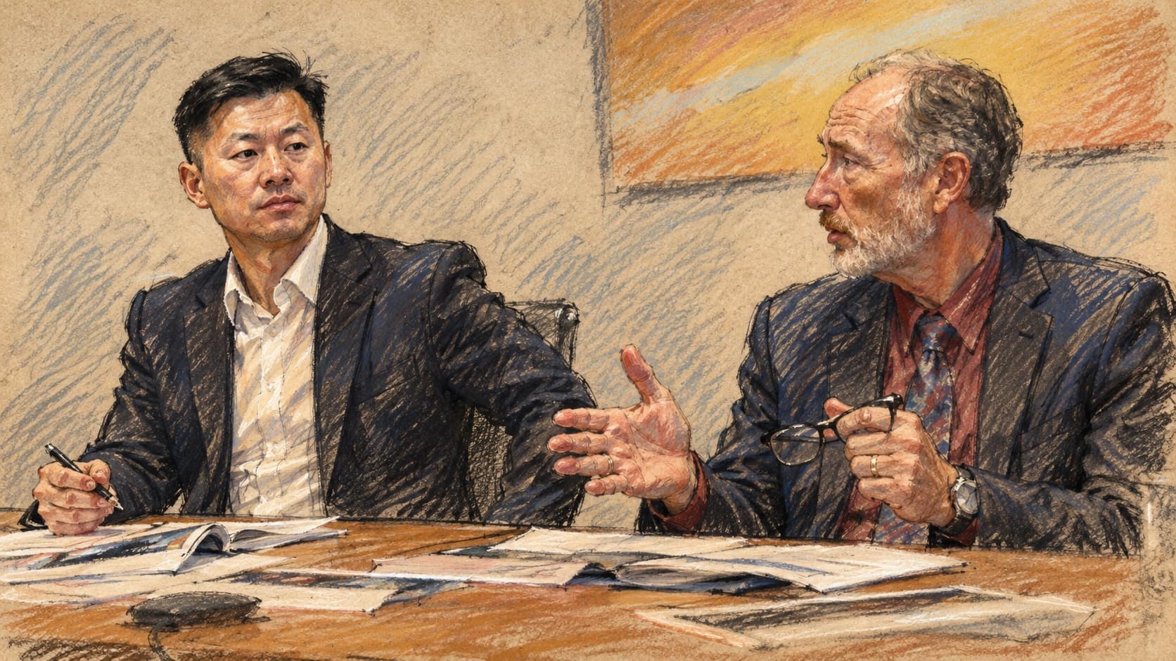 Courtroom-sketch editorial illustration of South Korean DAPA official Col. Hyunjin Park and U.S. Space Systems Command official Dr. Steve Pluntze seated at a meeting table in an archival 2023 procurement discussion, rendered in warm ochre and slate-blue pastel strokes; institutional context rather than the current court ruling.