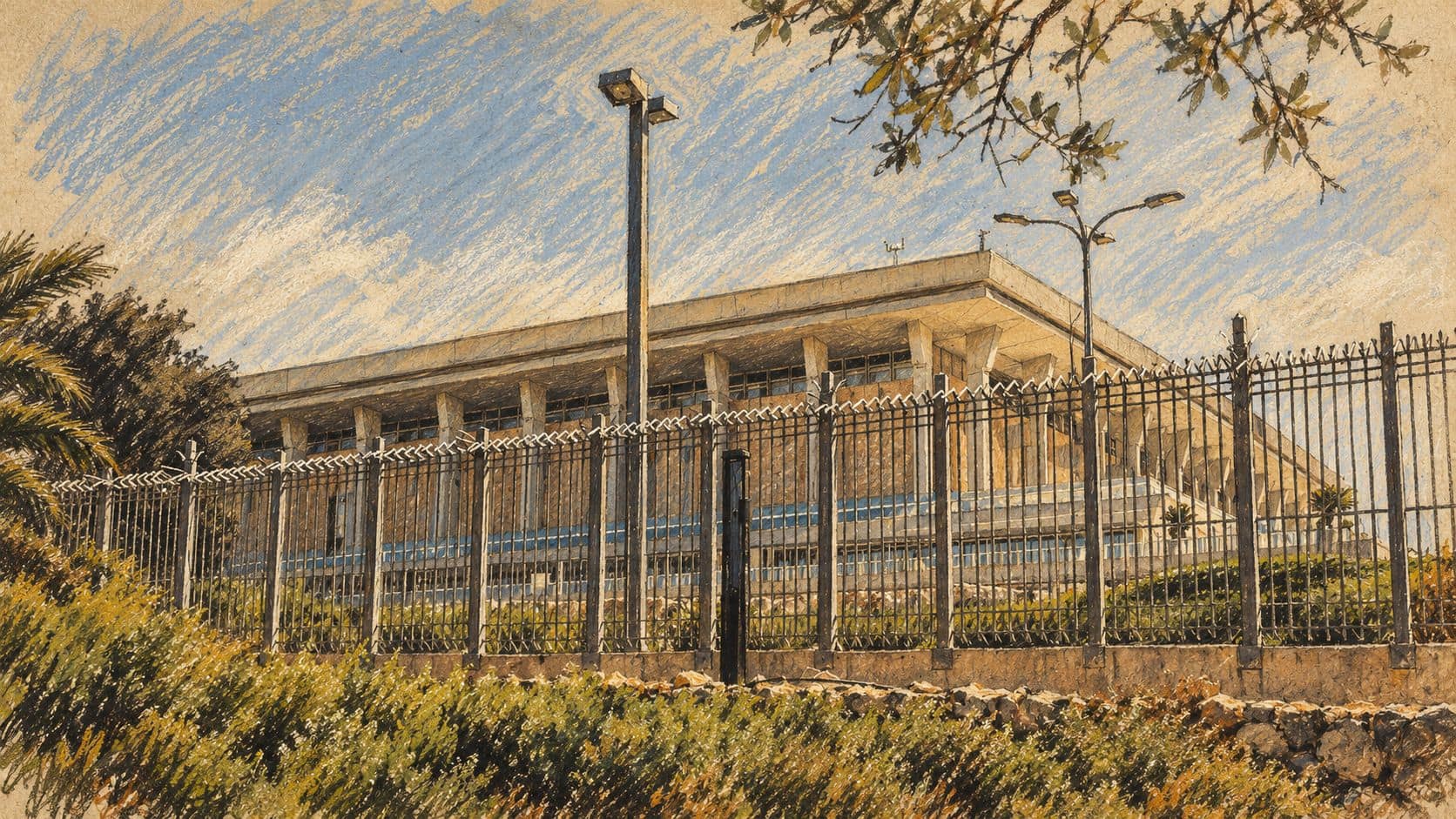 Courtroom-sketch editorial illustration of the Knesset exterior behind its perimeter fence in Jerusalem, based on an archival photograph for context.
