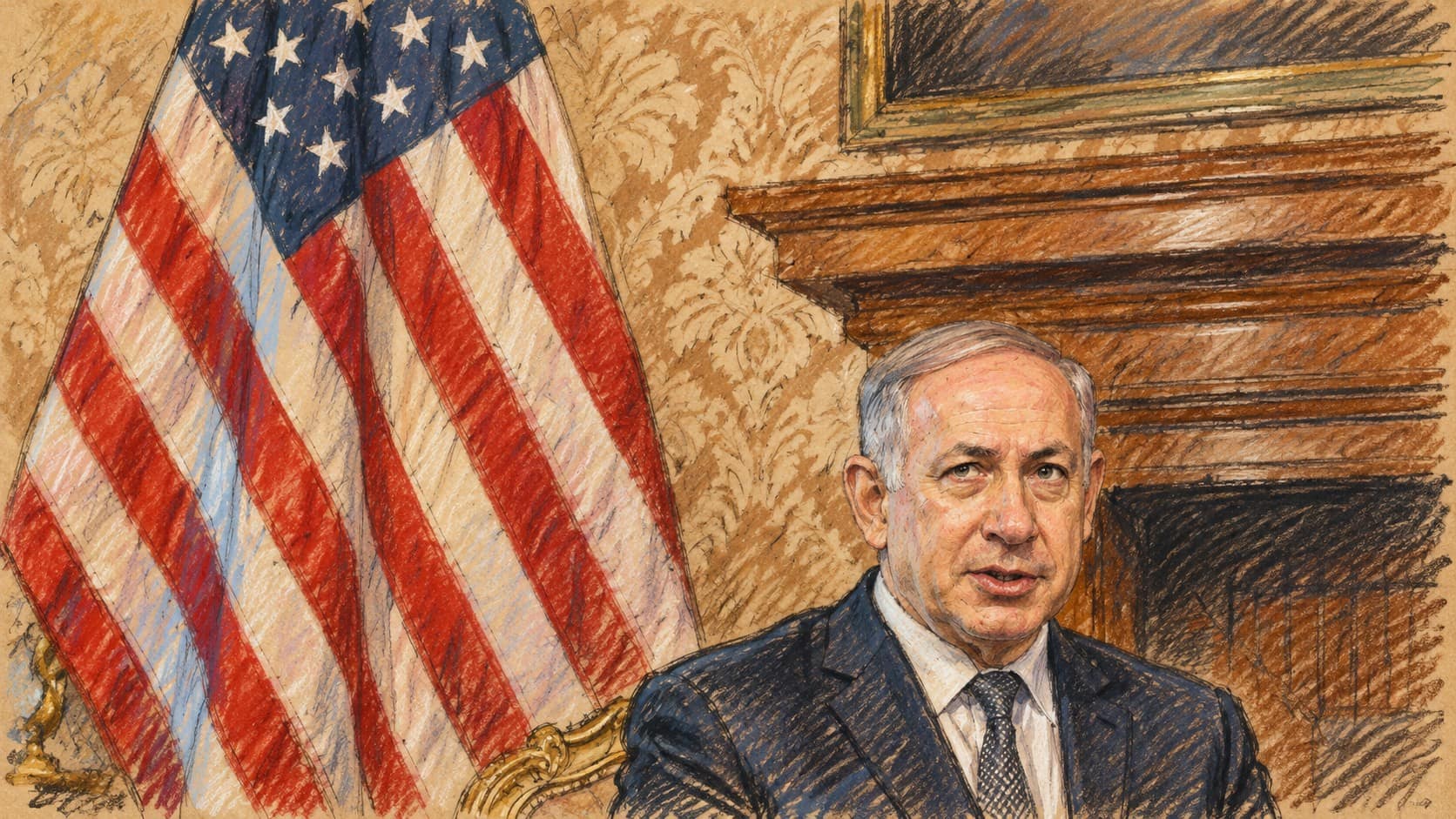 Courtroom-sketch editorial illustration of Benjamin Netanyahu seated alone beside a United States flag and wooden fireplace, based on an archival June 2016 photograph in Rome; contextual portrait, not a depiction of the October 2026 ballot-slip allegation.