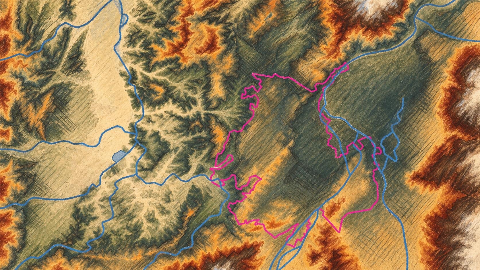 Courtroom-sketch editorial illustration of an archival 2008 topographic relief map of Cúcuta, Colombia, showing the urban outline, rivers and surrounding hills; geographic context, not a depiction of Miguel Castellanos's killing or the reward announcement, rendered in warm ochre and slate-blue pastel strokes.