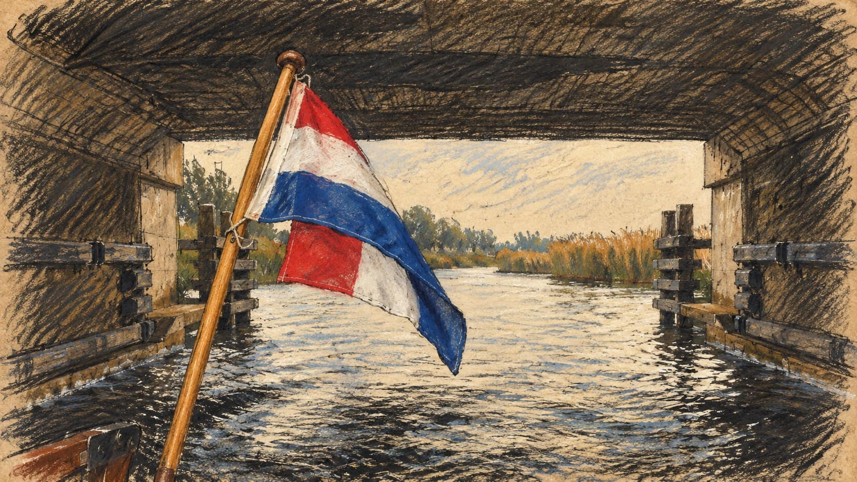 Courtroom-sketch editorial illustration of Dutch national flags on a boat passing beneath a canal bridge, based on an archival Dutch scene.